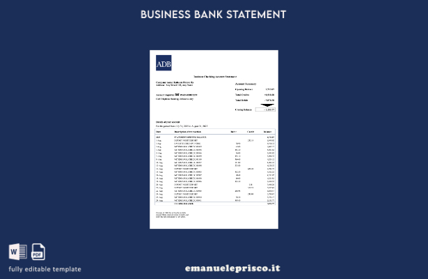 stile verificato Estratto conto corrente aziendale Palau ADB Modello Word e PDF